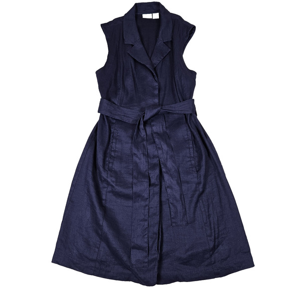 HALSTON Stretch Linen Shirt Dress 8 M Navy Blue Tie Belt Coastal Preppy Pockets - Picture 1 of 16